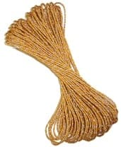 A bundle of golden-yellow strings or threads, reminiscent of Kelty Triptease, neatly looped and arranged together against a white background.