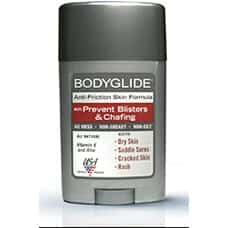 Gray stick container of Bodyglide anti-friction skin formula with label for chafing prevention; helps prevent blisters, saddle sores, cracked skin, rash, and offers added benefits for dry skin and effective skin chafing prevention.