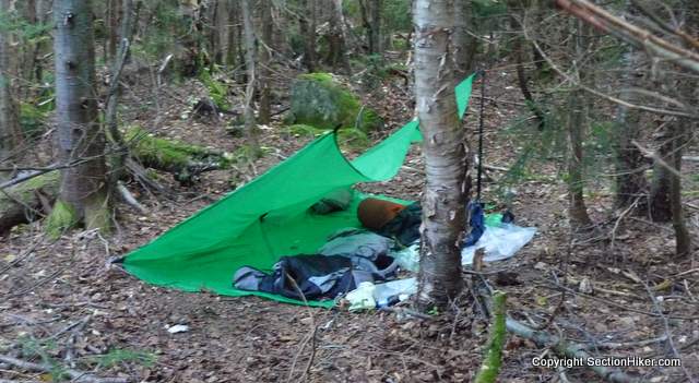Lean-to Style Pitch where Tarp is used as its own Groundsheet