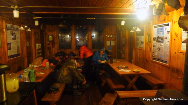 Zealand Falls Hut common room where we started breakfast at 4:30 am, before dawn to get an early start