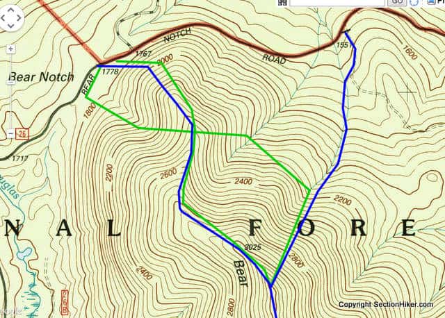 Bear Mountain Bushwhack - Blue indicates historic trails, Green indicates actual route
