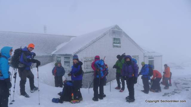 The Lakes of the Clouds Hut is closed and boarded up in winter.