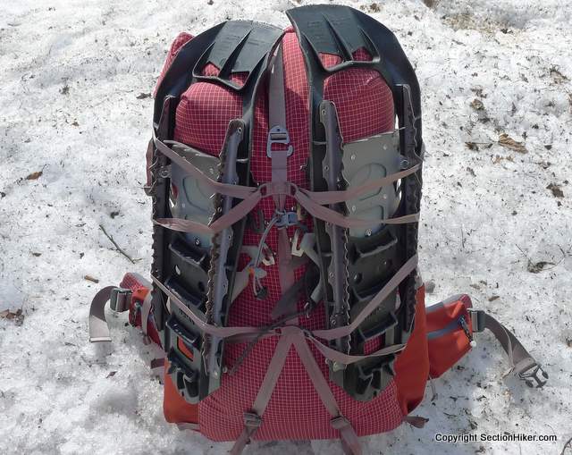 There are many ways you can attach snowshoes to the Exped Lightning 60 pack - here is just one.