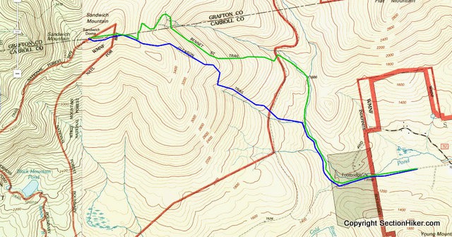 Climbing Sandwich Dome going up the Gleason Trail (blue) and down the Bennet Street Trail (green)
