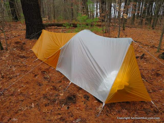 In windy or stormy weather, I recommend staking out the extra guyouts on the fly and rigging the fly bottom lower down to limit air flow through the tent