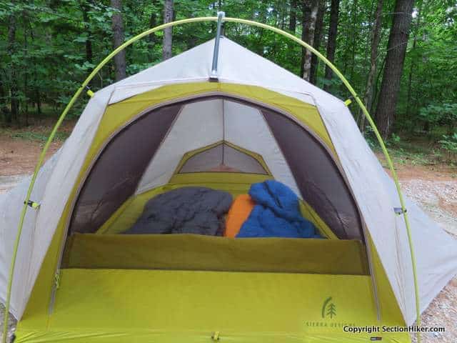 The Sierra Designs Ligtning 2 FL is a spacious 2 person tent with two large screened side vestibules for covered gear storage