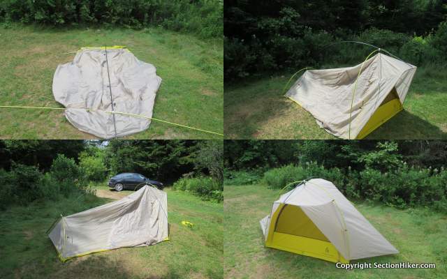 The Sierra Lightning FL 2 is easy to pitch. Simply expand the pole and suspend the tent body from it, before staking out the vestibules and corners