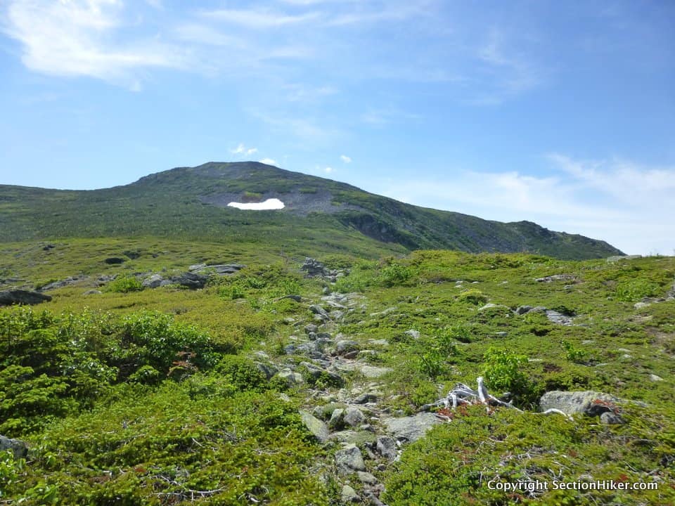 The top of the Six Husbands Trail passes by a snow field that lingers well into July