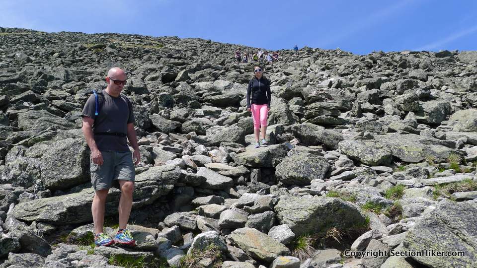 The final section of the Tuckerman Ravine Trail leads through a boulder field to the summit of Mt Washington