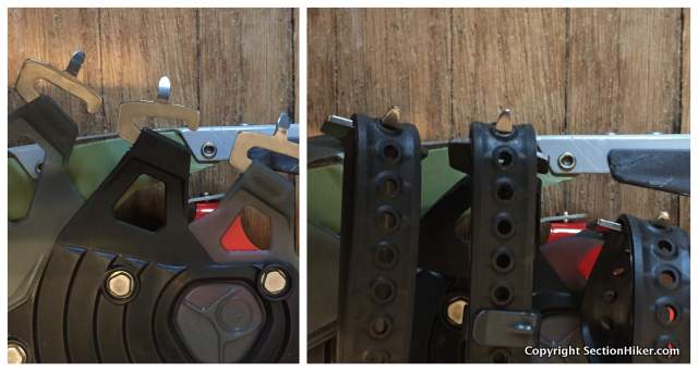 Ascent Series Binding Closeup - plastic straps thread through the metal buckles and are secured on the metal spike like a belt buckle