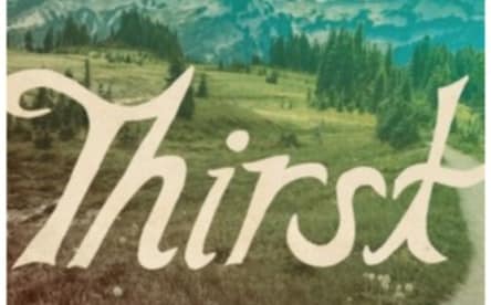 The word Thirst in large, stylized white letters overlays a scenic landscape of green fields, evergreen trees, and distant mountains under a blue sky, evoking the spirit of adventure found in Heather Anish Anderson's Thirst book review.