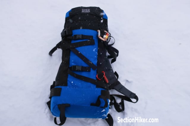 The Valdez has a pair of crampon straps on the front of the pack 