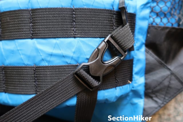 One of the benefits of the hip belt webbing is that you can attach a fanny pack to the front of the pack with simple clips.