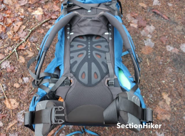 The torso length is controlled by two webbing straps and buckles adjacent to the lumbar pad