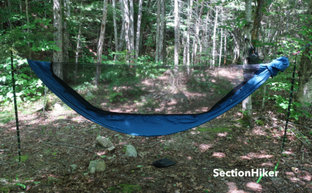 The Wanderlust includes an 11’ symmetric gathered end mosquito hammock