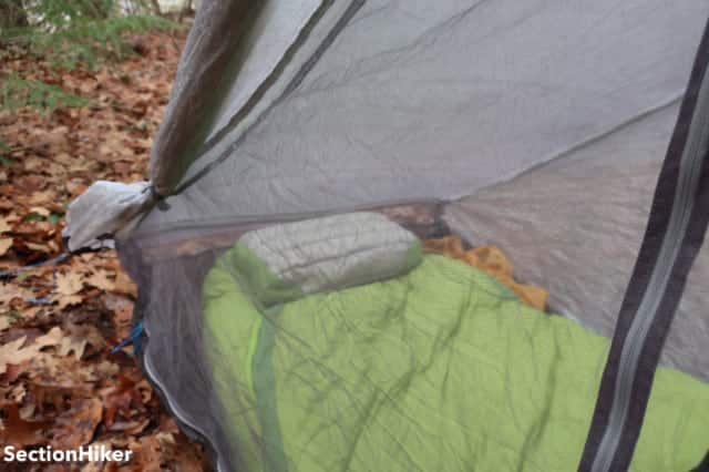 Mesh at the head end of the tent between the floor and rainfly helps vent water vapor from your breath.