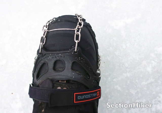 The Trail Crampons have a velcro strap that loops over your boot to prevent the trail crampons from popping off.
