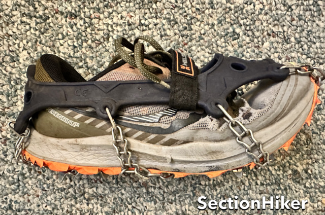 For example, the Hillsound Trail Ultra binding overpowers a soft trail runner, compressing the toe box. The chains are also too long for the shoe and squeeze the foot along the sides.