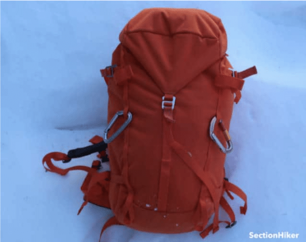The pack has a pair of daisy chains on the front along with two ice axe loops and shaft holders