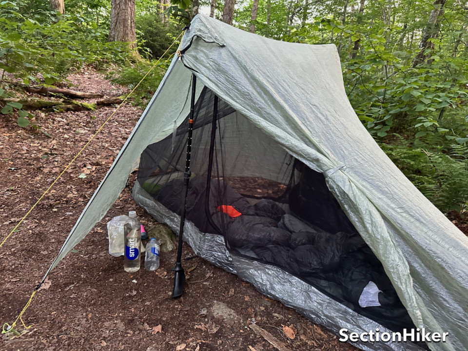 The inner tent is suspended from the fly with hoods, allowing each to be used independently