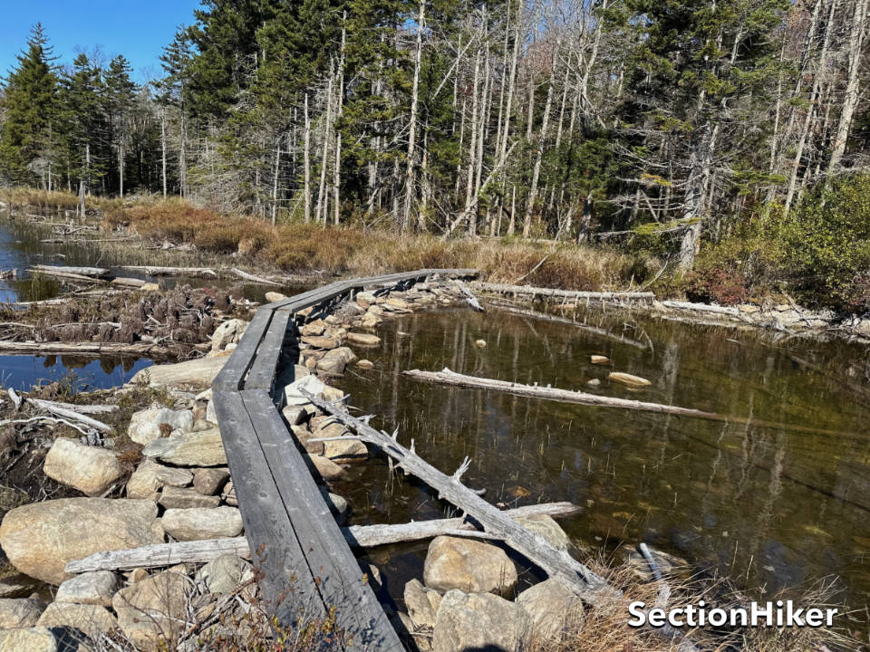 Bog bridge on the west end of Stratton Pond